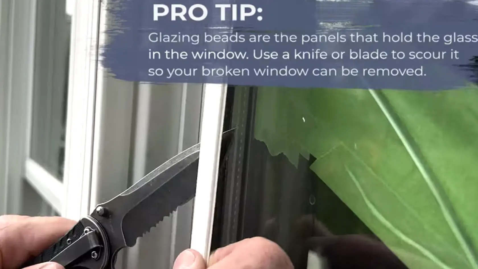 Hand using a knife to remove window glazing bead beside cracked glass with repair tip text overlay