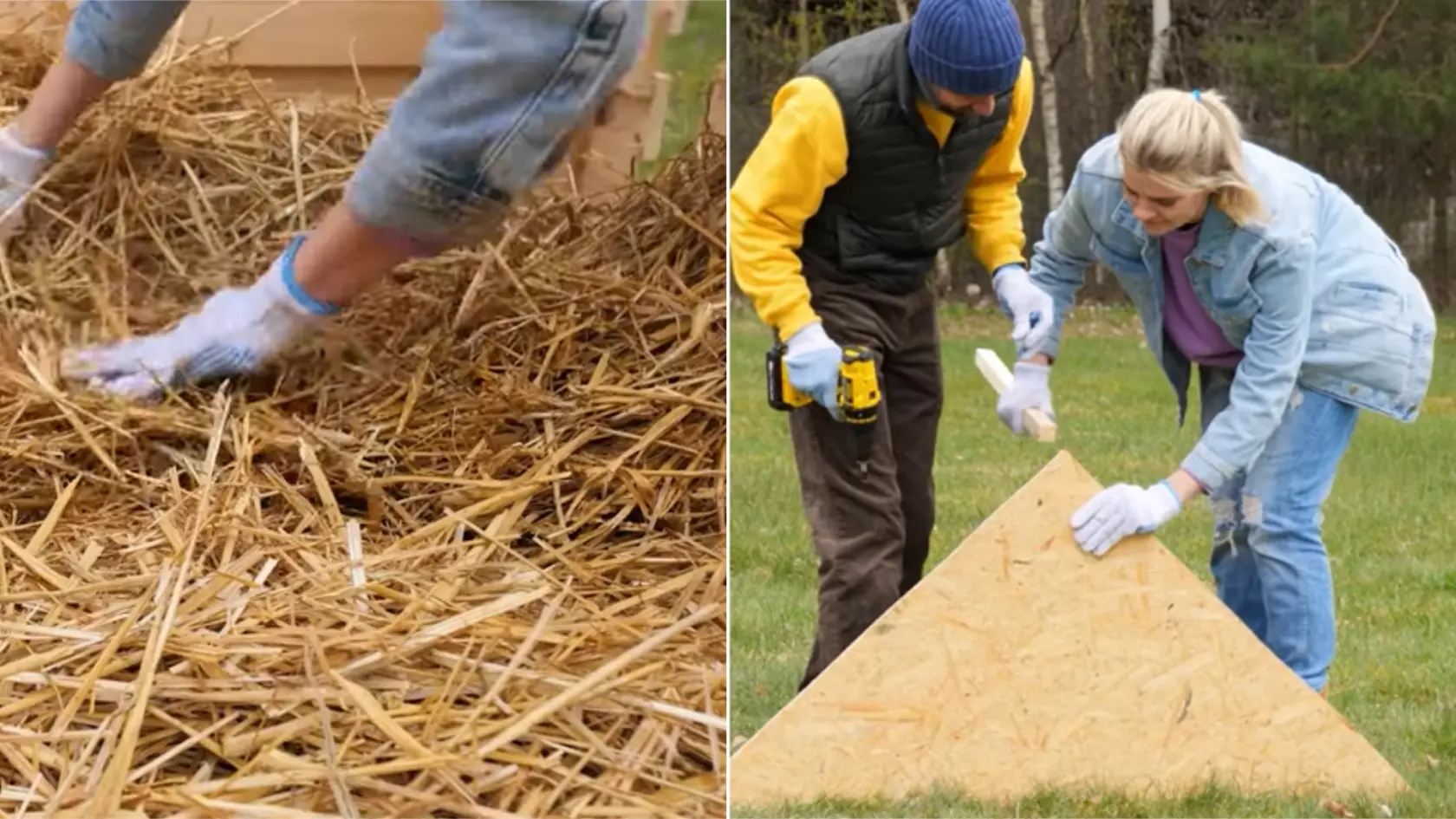 Hands spreading straw bedding inside a wooden structure, with two people positioning a plywood panel outdoors
