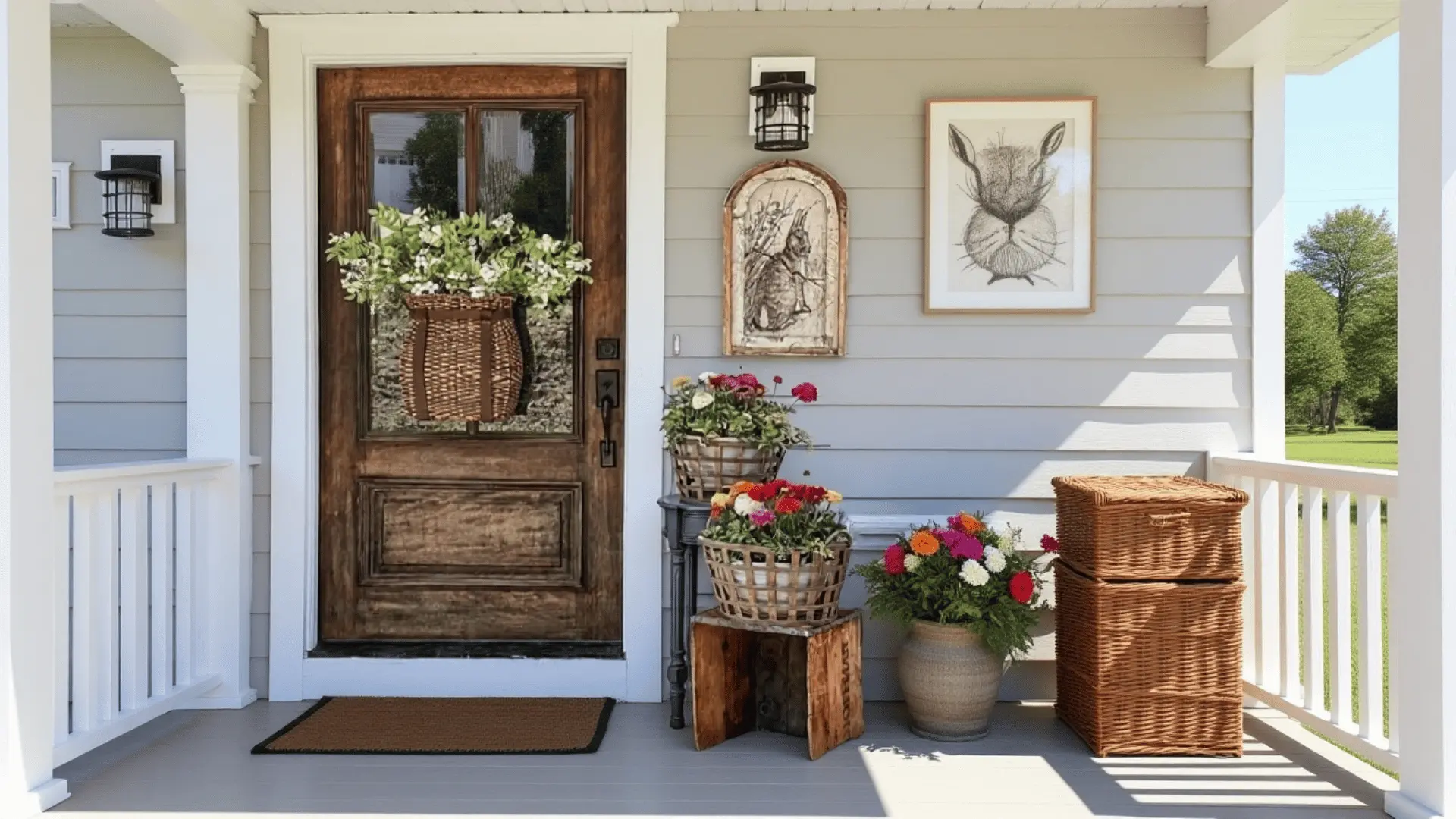hanging flower basket on front door