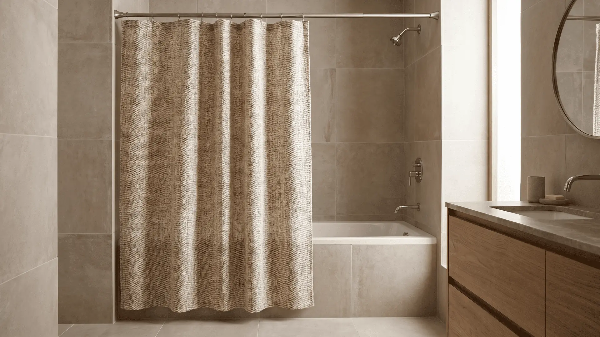 Hemp shower curtain with a textured look in the same modern bathroom setting.
