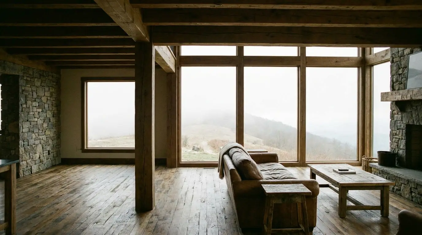 Rustic living room with leather sofa and wooden table facing large windows overlooking foggy landscape