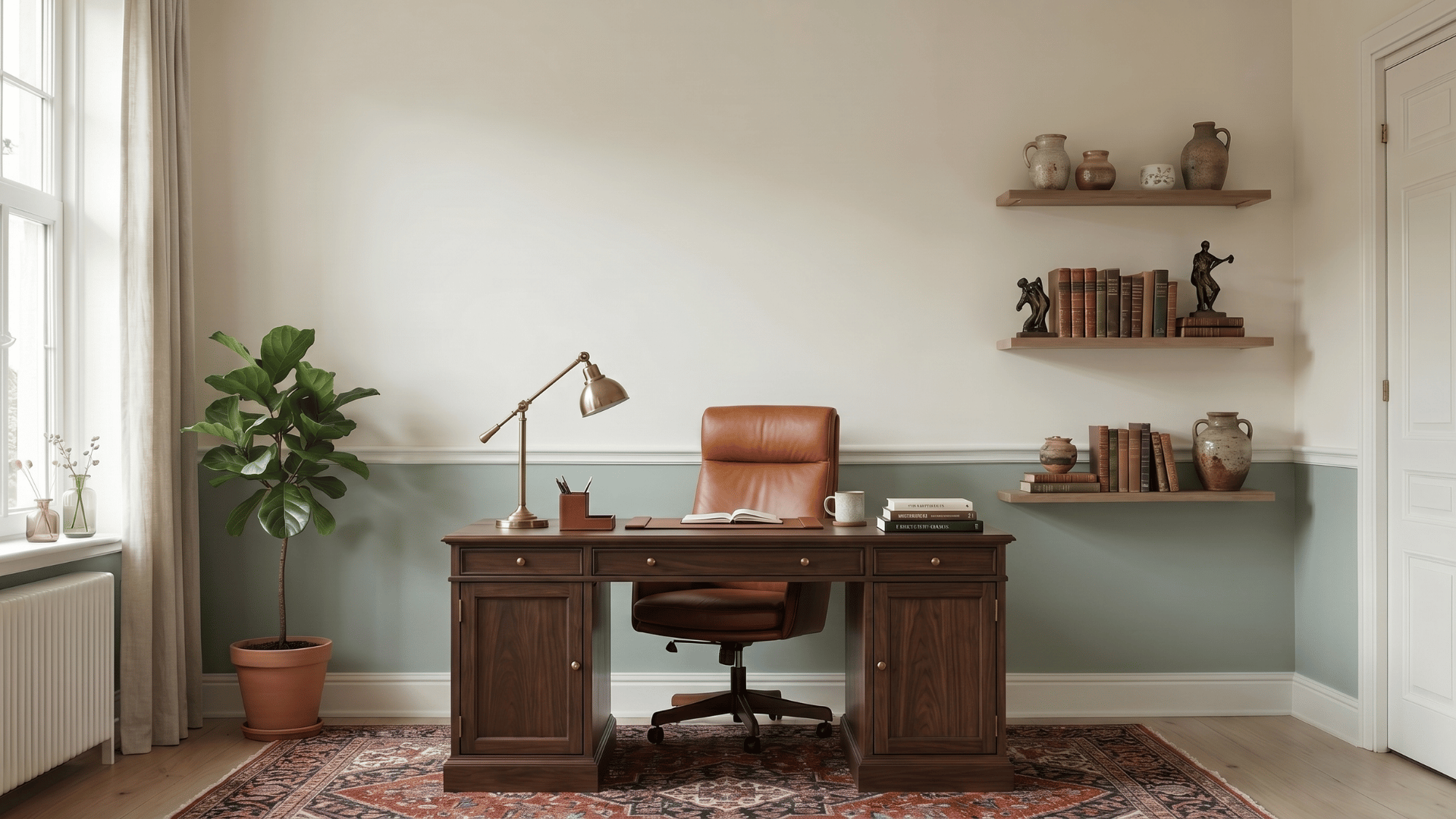 Home office with White Flour walls, brown desk, leather chair, green lower wall, plants, floating shelves, and natural light.