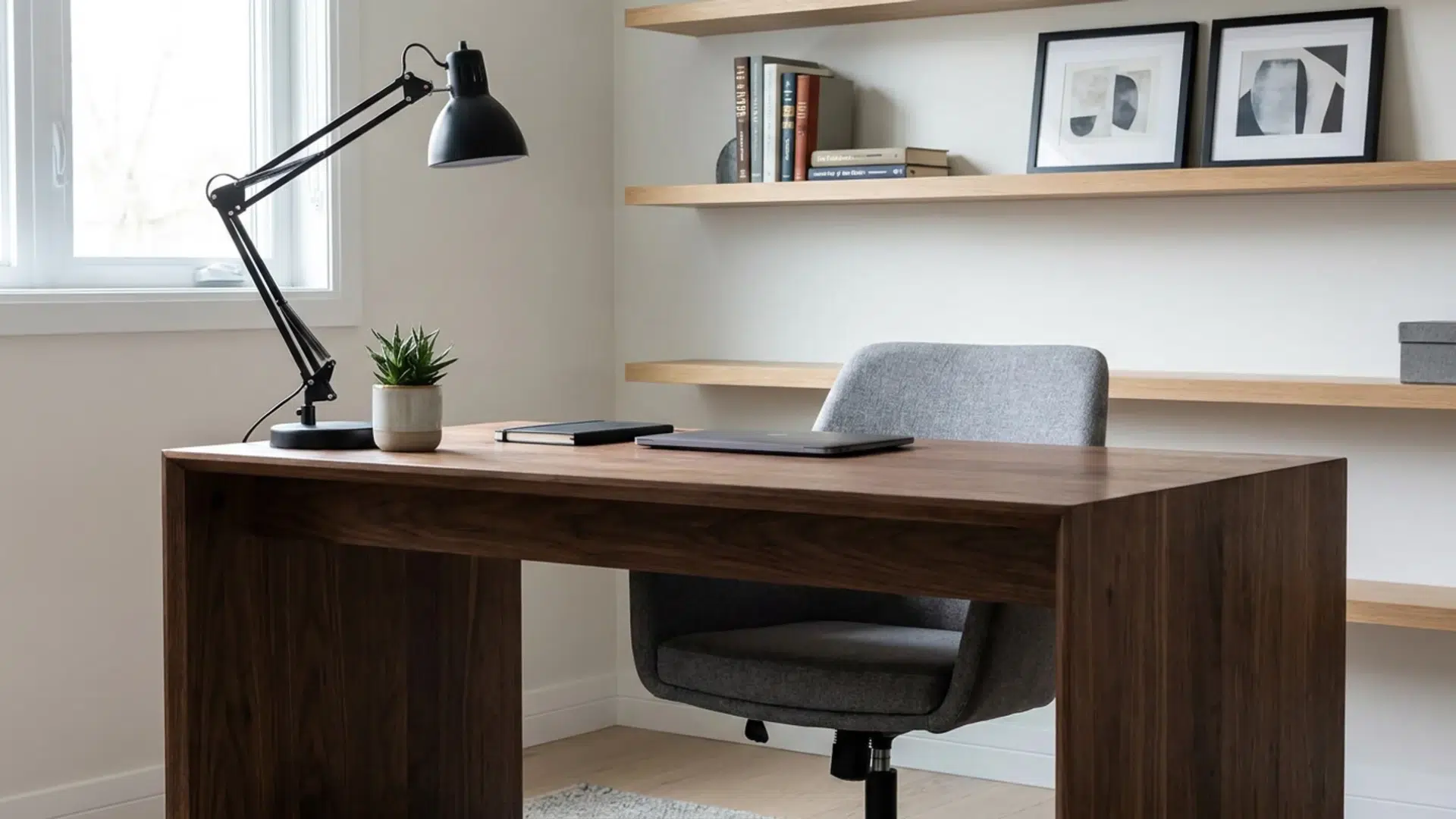 Home office with wood desk, upholstered chair, shelving, desk lamp, plant, and framed wall pieces