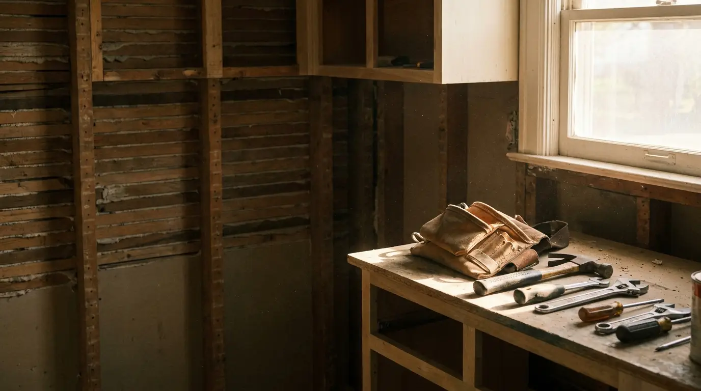 Tool belt and tools on wooden workbench in dimly lit renovation space