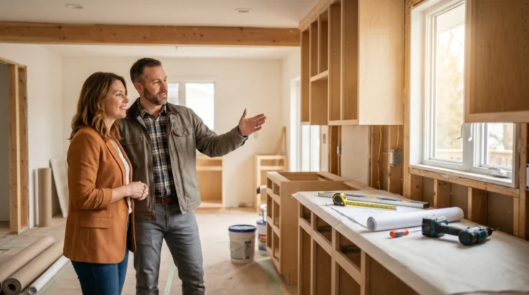 Couple discussing renovation plans in partially remodeled kitchen with tools and blueprints on counter