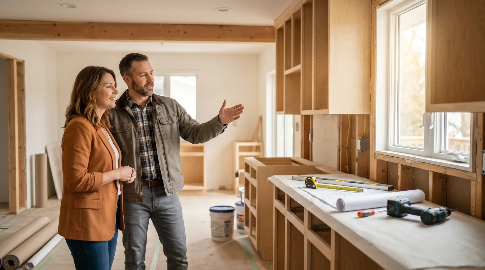 Couple discussing renovation plans in partially remodeled kitchen with tools and blueprints on counter