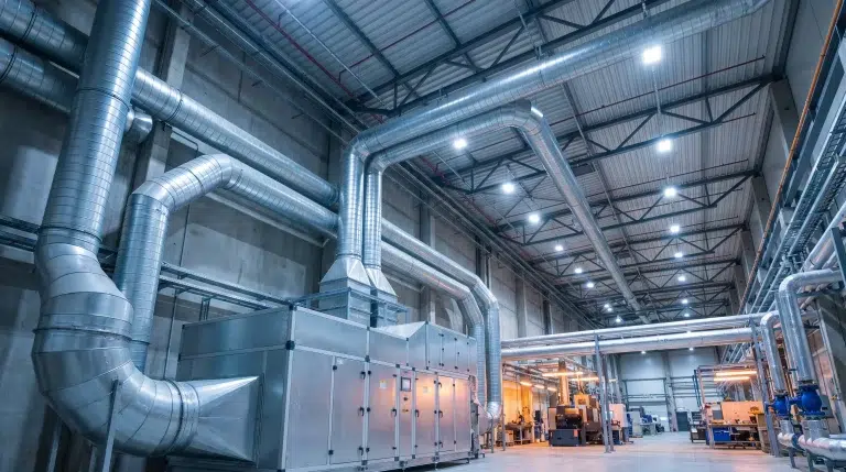 Large industrial air ducts and machinery in a spacious, well-lit factory environment