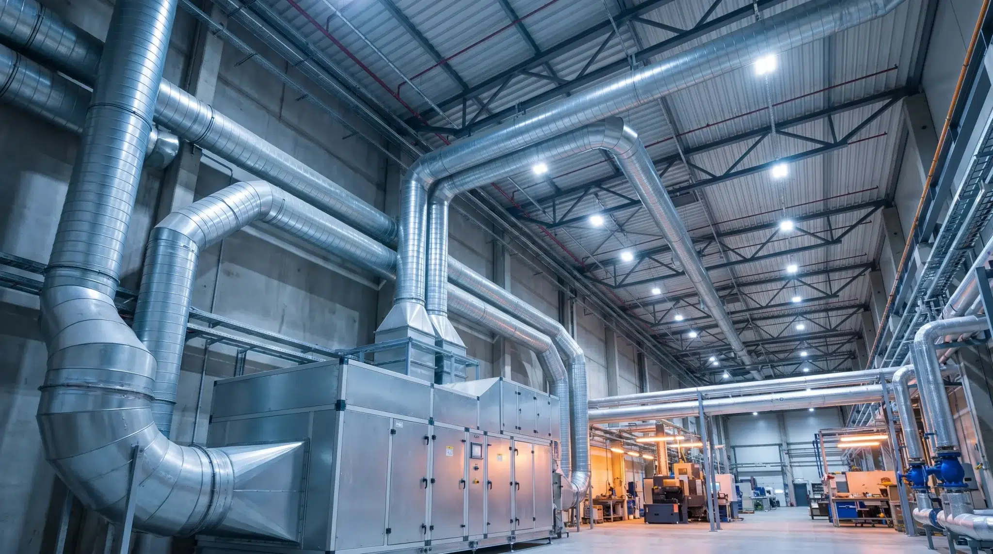 Large industrial air ducts and machinery in a spacious, well-lit factory environment