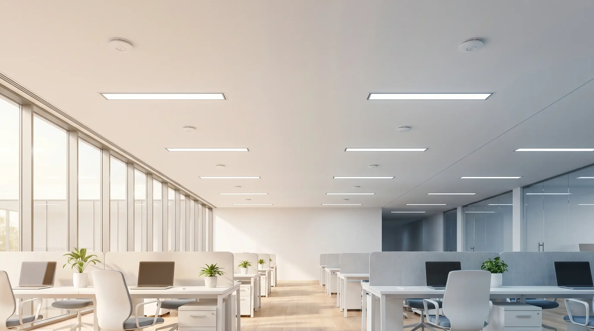 Open-plan office with white desks, potted plants, and large windows letting in natural light