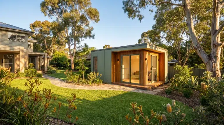 Modern garden studio with large glass doors in lush backyard setting under clear blue sky