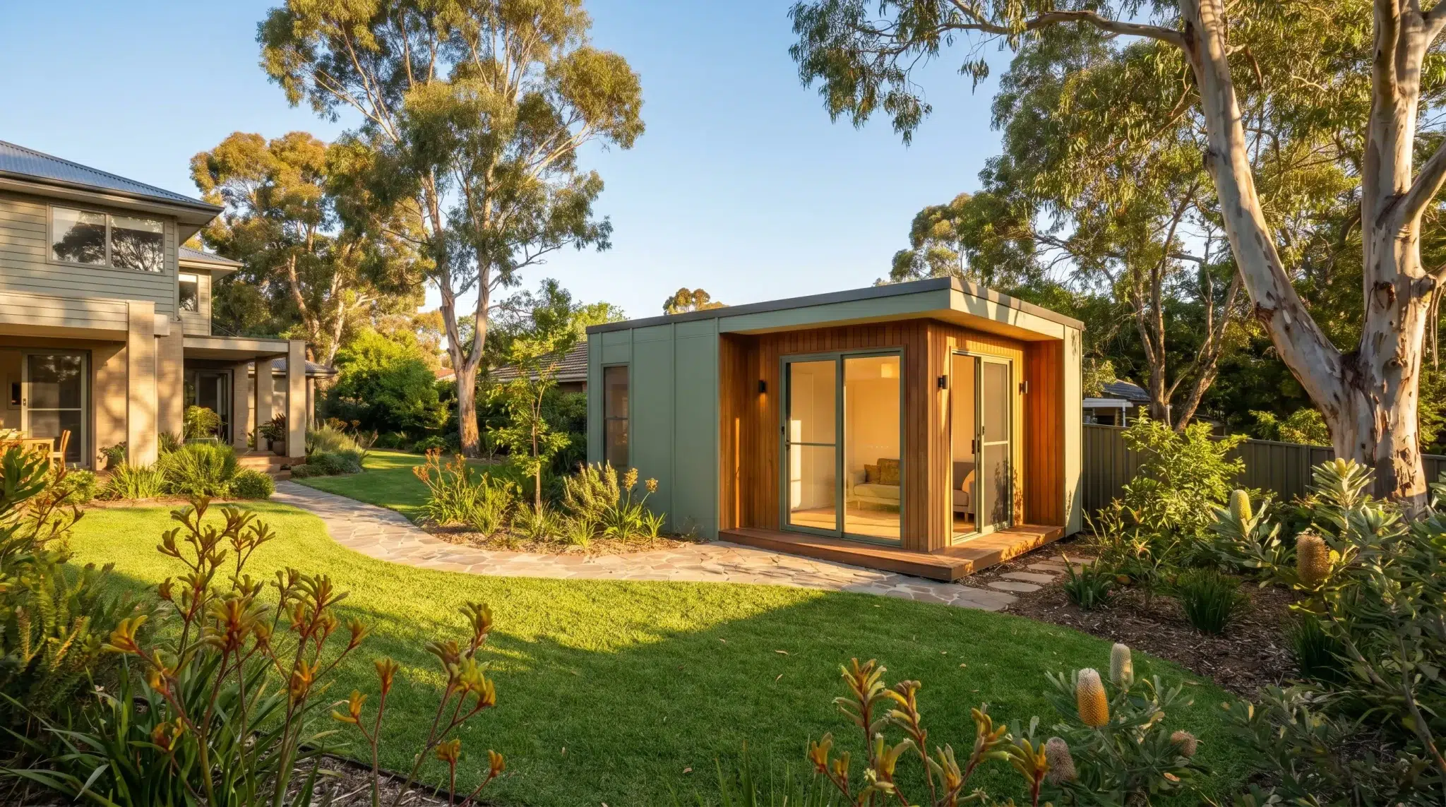 Modern garden studio with large glass doors in lush backyard setting under clear blue sky