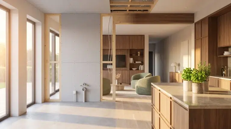 Modern open-concept living area with plants on kitchen island and large windows, warm natural lighting