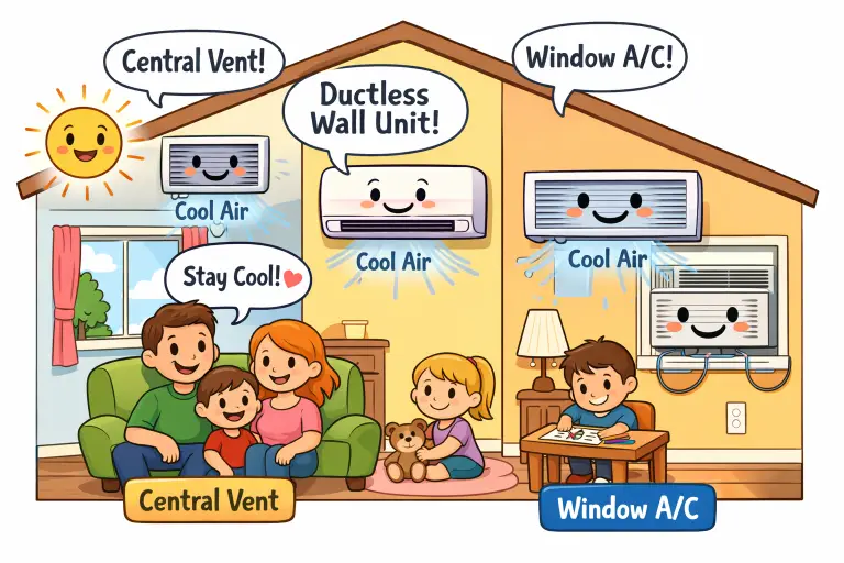Cartoon family enjoying central air conditioning and window units inside home with smiling HVAC systems