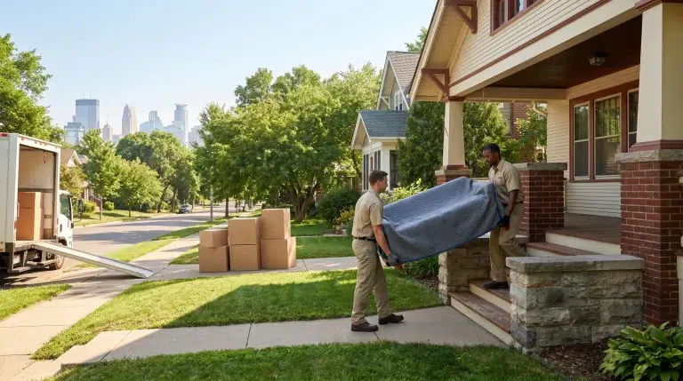 Movers carrying furniture into suburban house with cardboard boxes and moving truck nearby