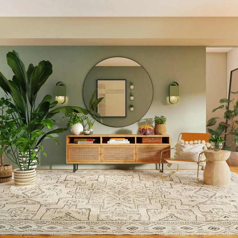 Modern living room with green wall, plants, rattan console, and large circular mirror reflecting decor