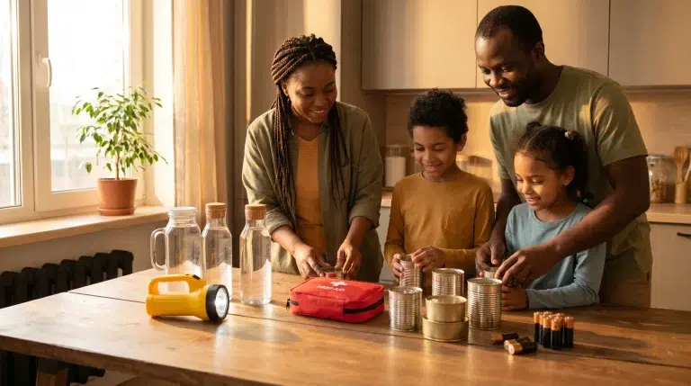 Family preparing emergency supplies in kitchen with canned goods and flashlights on wooden table