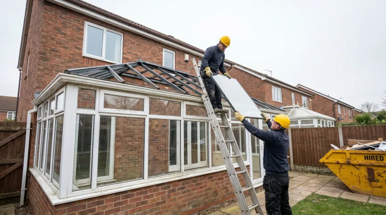 Workers installing glass panels on conservatory roof with ladder in suburban backyard