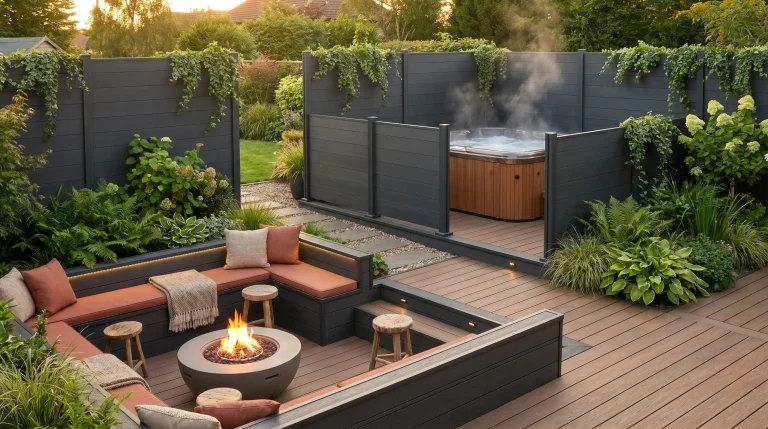 Outdoor patio with circular fire pit and built-in seating near steamy hot tub surrounded by greenery
