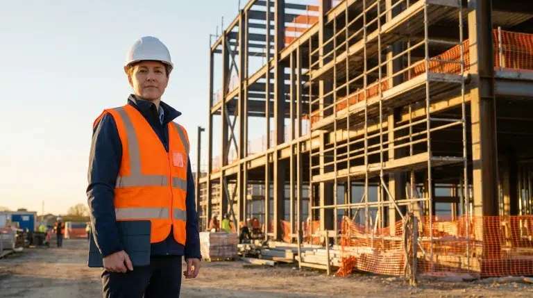 Construction worker in orange safety vest and hard hat on building site at sunset