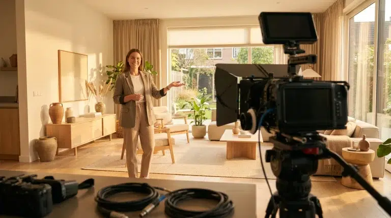 Filming setup in cozy living room with person presenting and sunlight streaming through windows