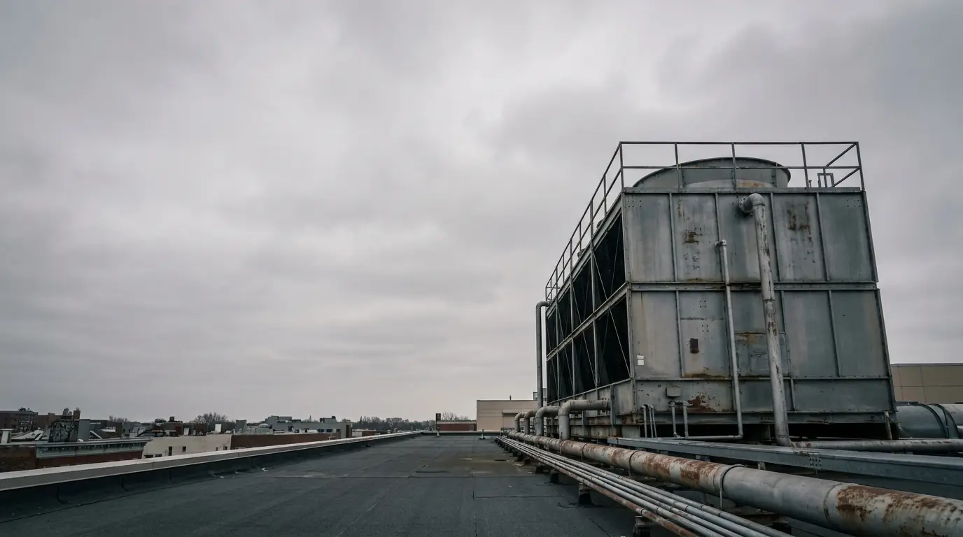 Rooftop industrial cooling tower with metal pipes under overcast sky