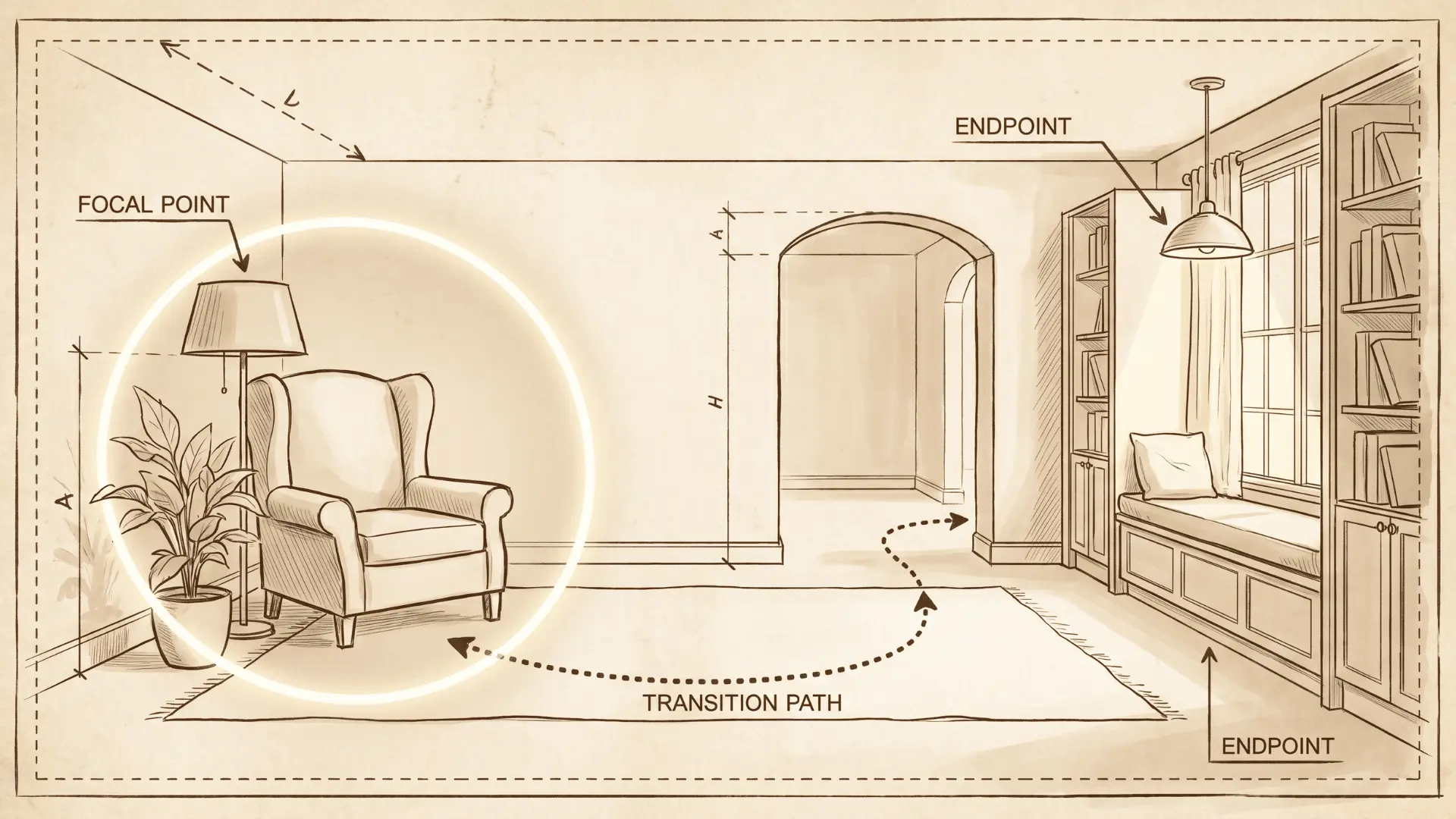 Interior layout showing how the eye moves from focal point through a guided visual path