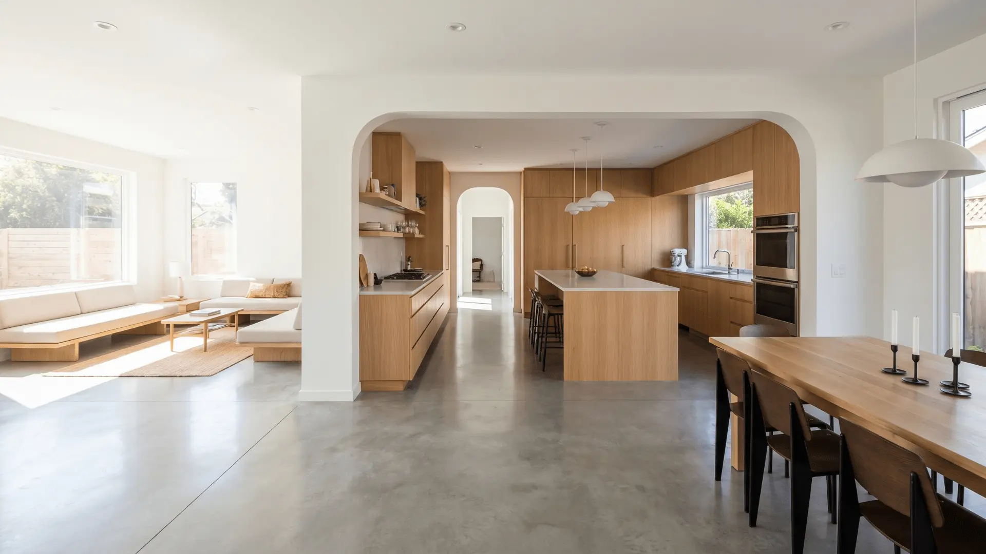 Interior with seamless material continuity across spaces