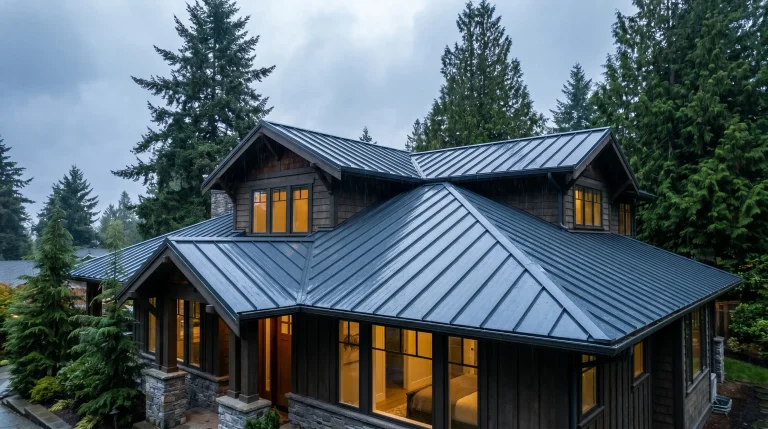 Modern cabin with metal roof nestled among tall evergreen trees under cloudy sky