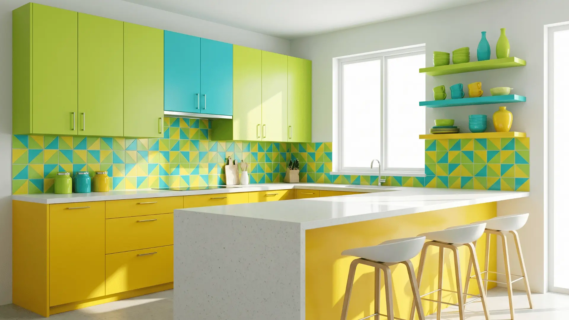Kitchen with lime green, turquoise, and yellow cabinets and backsplash