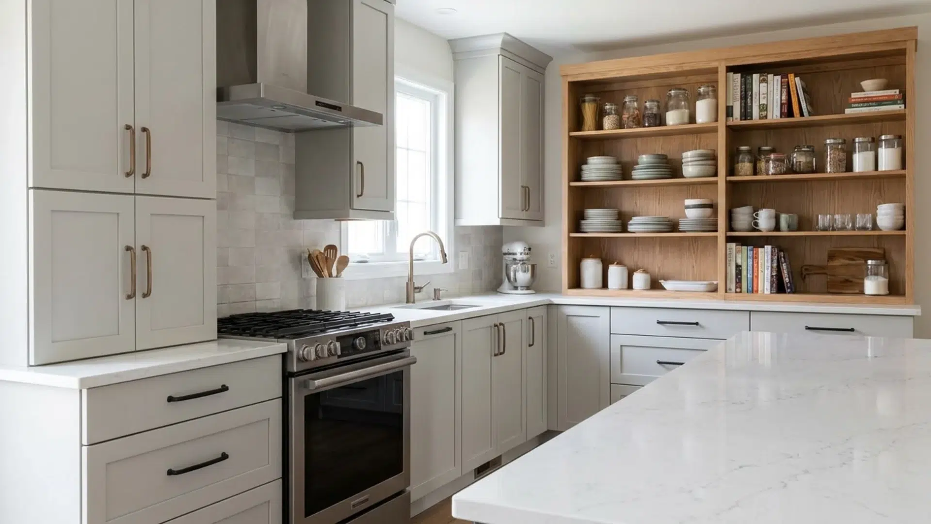Kitchen with shaker cabinets, stone countertop, mixed hardware, and open wall shelving