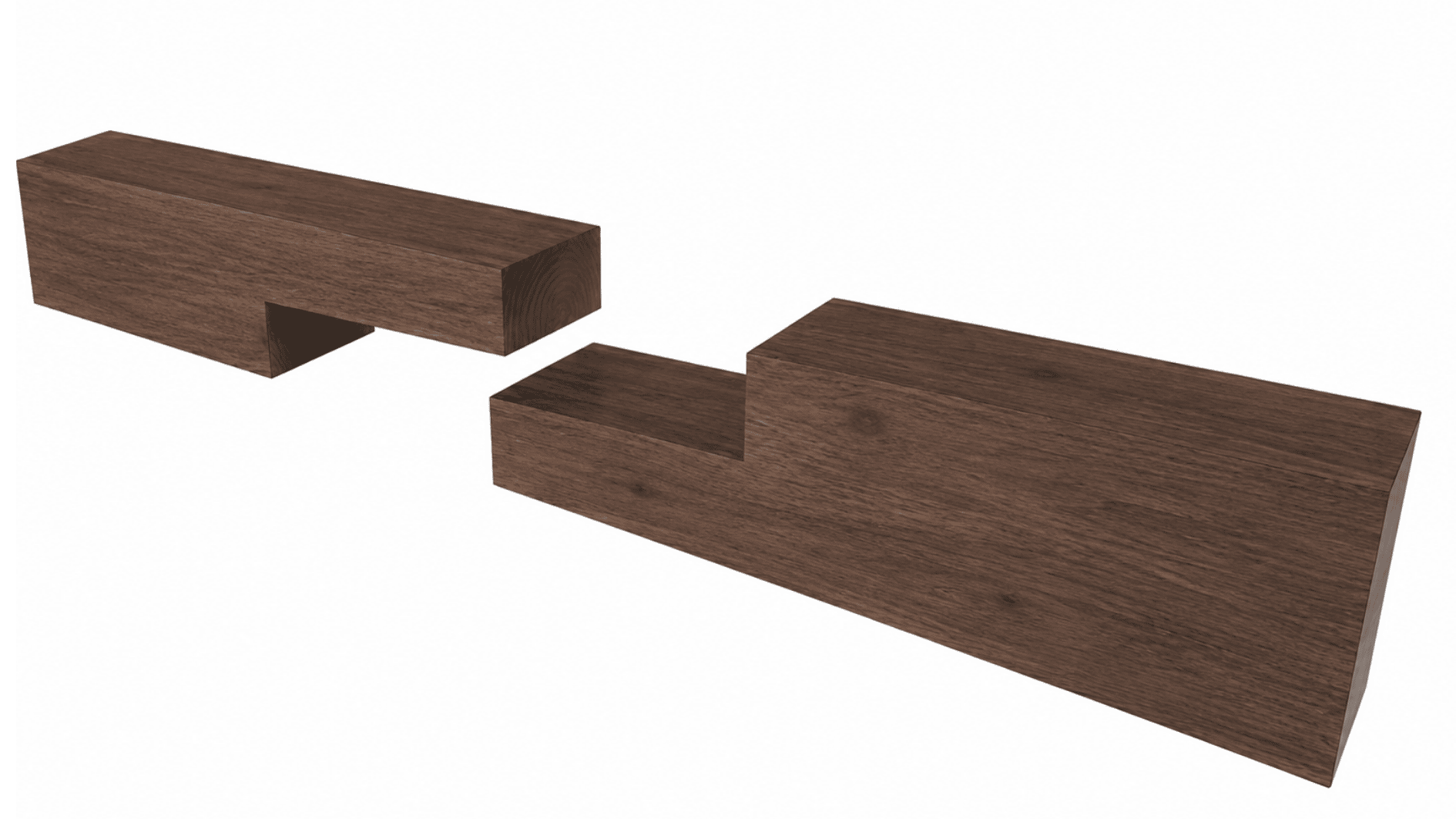 lap joint with dark walnut wooden blocks showing interlocking half-lap cuts on a white background.