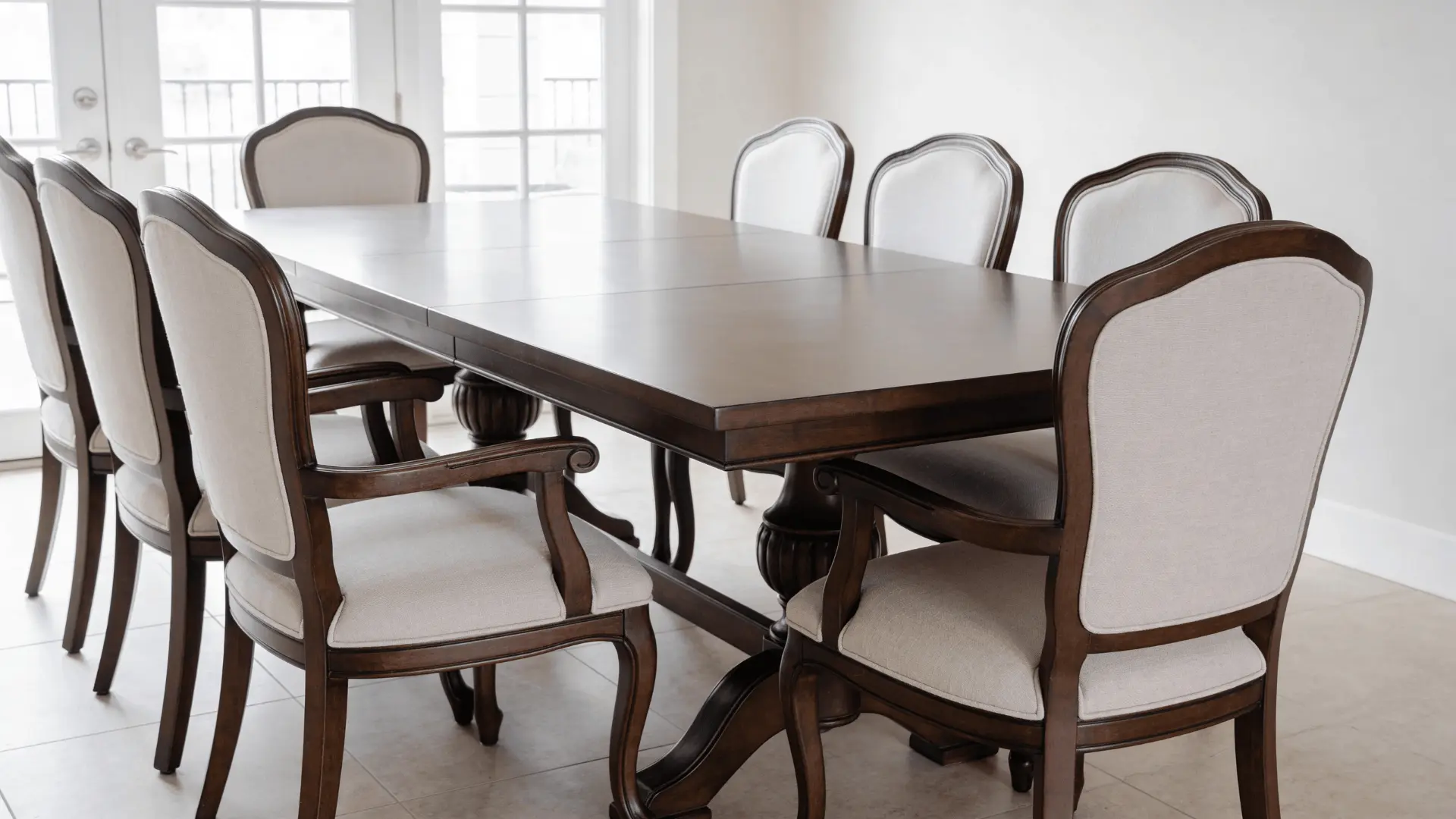 Large dining table with multiple chairs arranged in a dining area with open space around it