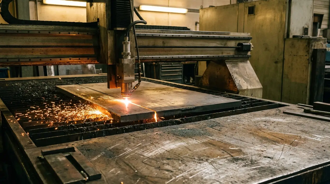 Industrial laser cutting machine slicing metal in a workshop with bright sparks and warm lighting