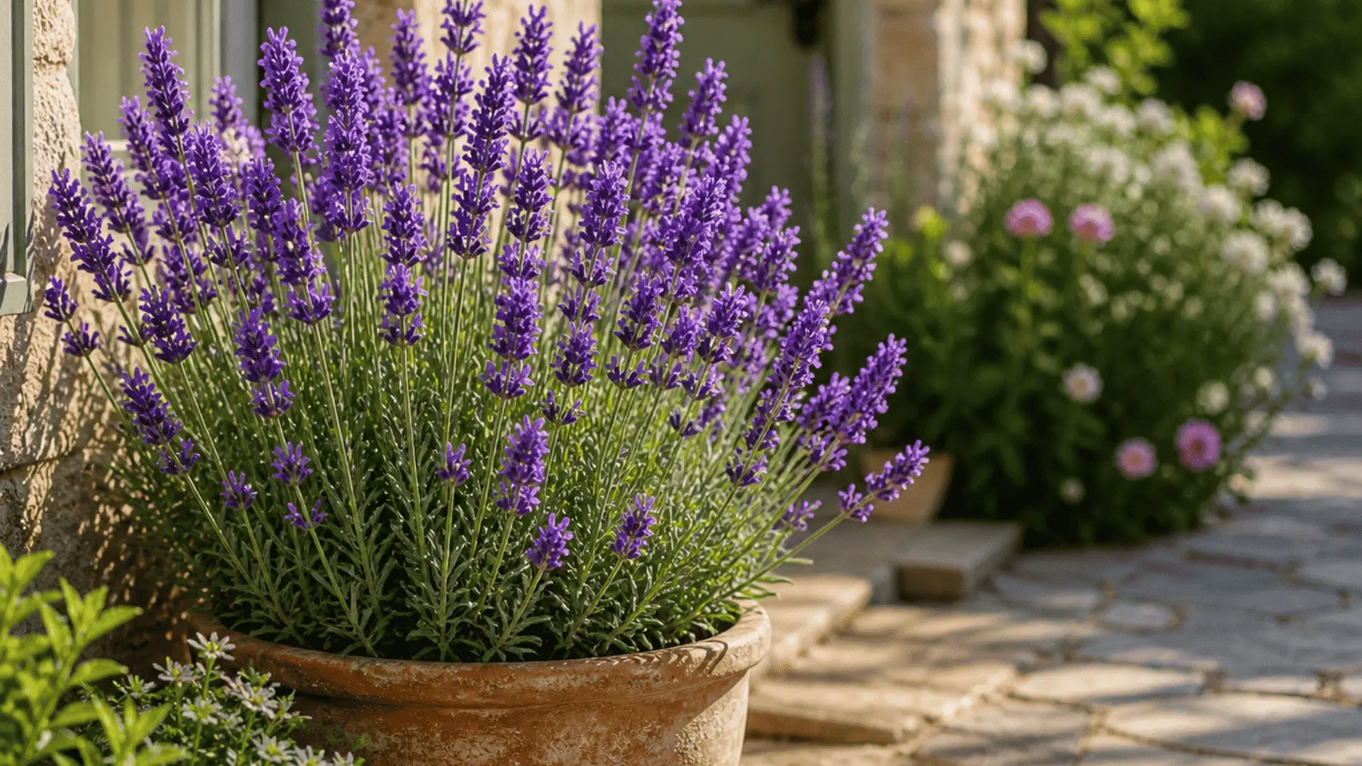 Lavender plant in a terracotta pot beside a sunlit stone walkway near a house entrance