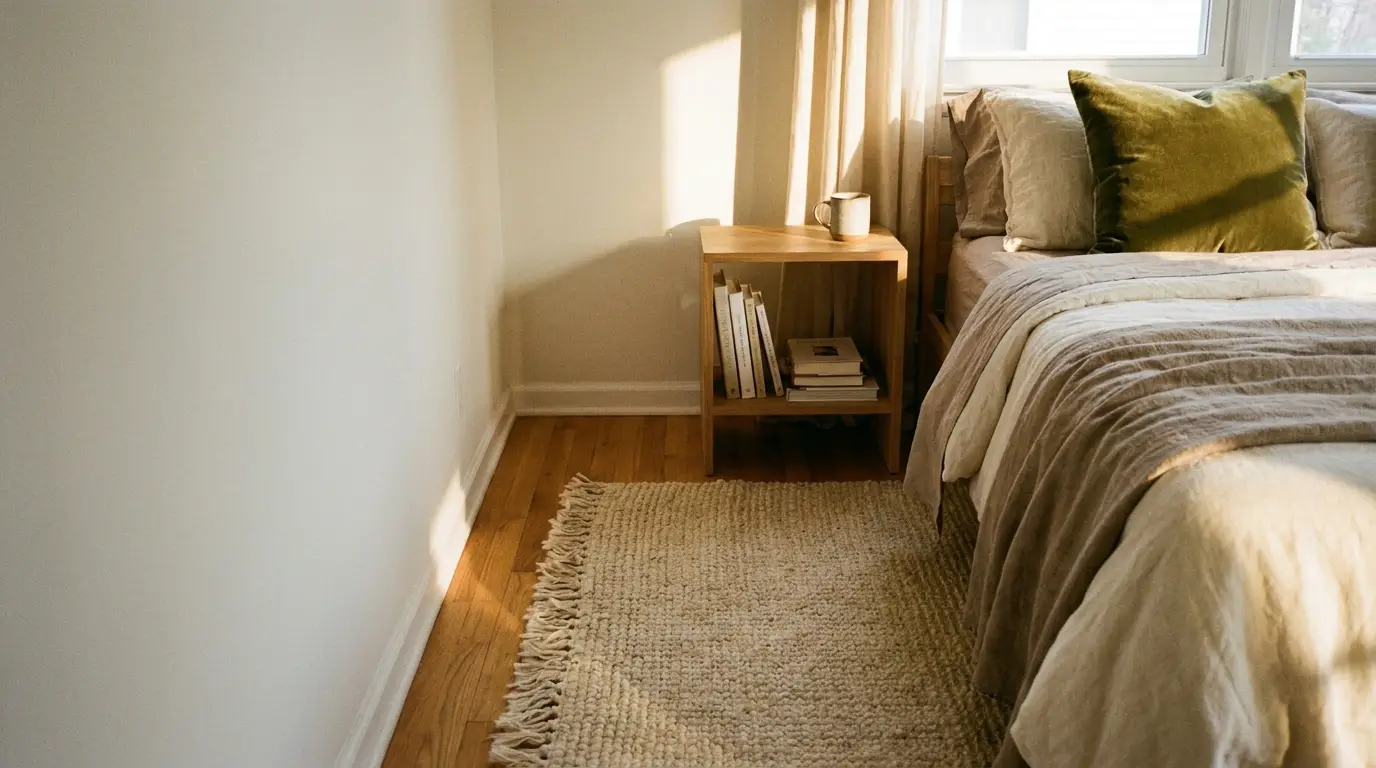 Cozy bedroom with wooden nightstand, books, and earthy tones in warm natural light