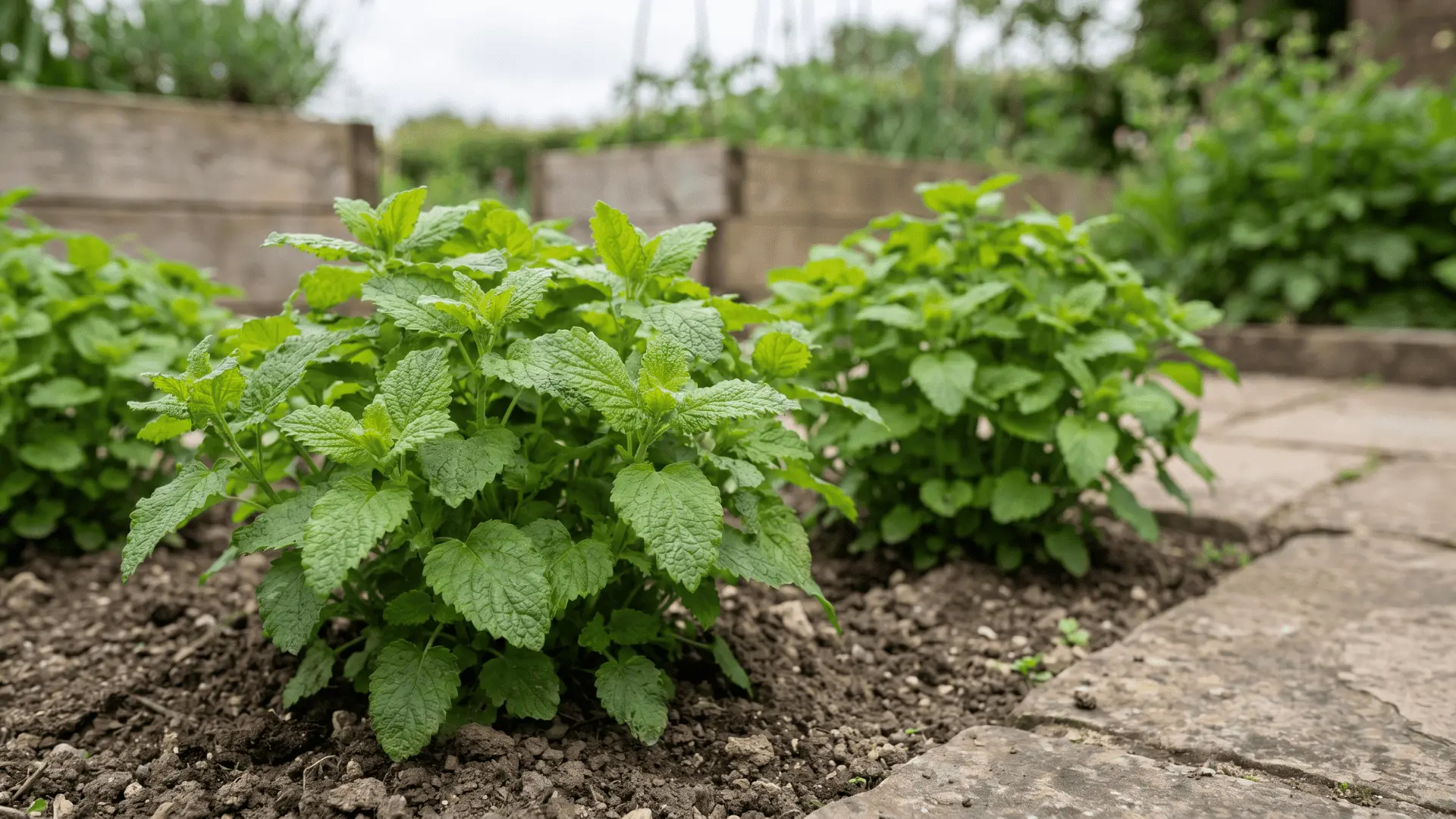 Lemon balm plants with textured green leaves growing in soil near a patio and garden beds