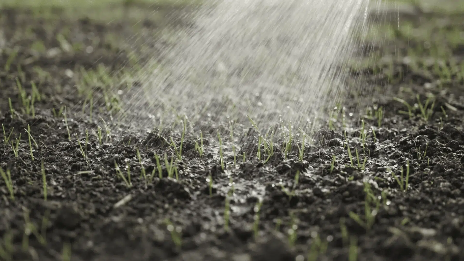 Light water spray applied to soil with small grass sprouts during early growth stage