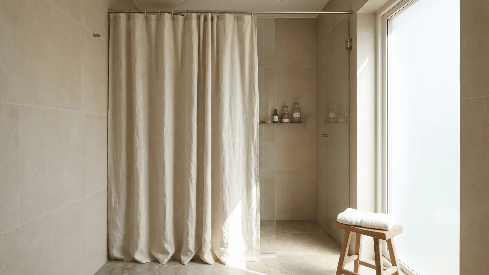 Linen shower curtain with a light airy texture in modern bathroom.