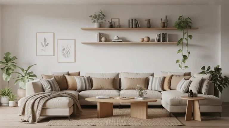 Living room with a neutral sofa, wood furniture, rug, plants, shelves, and wall art