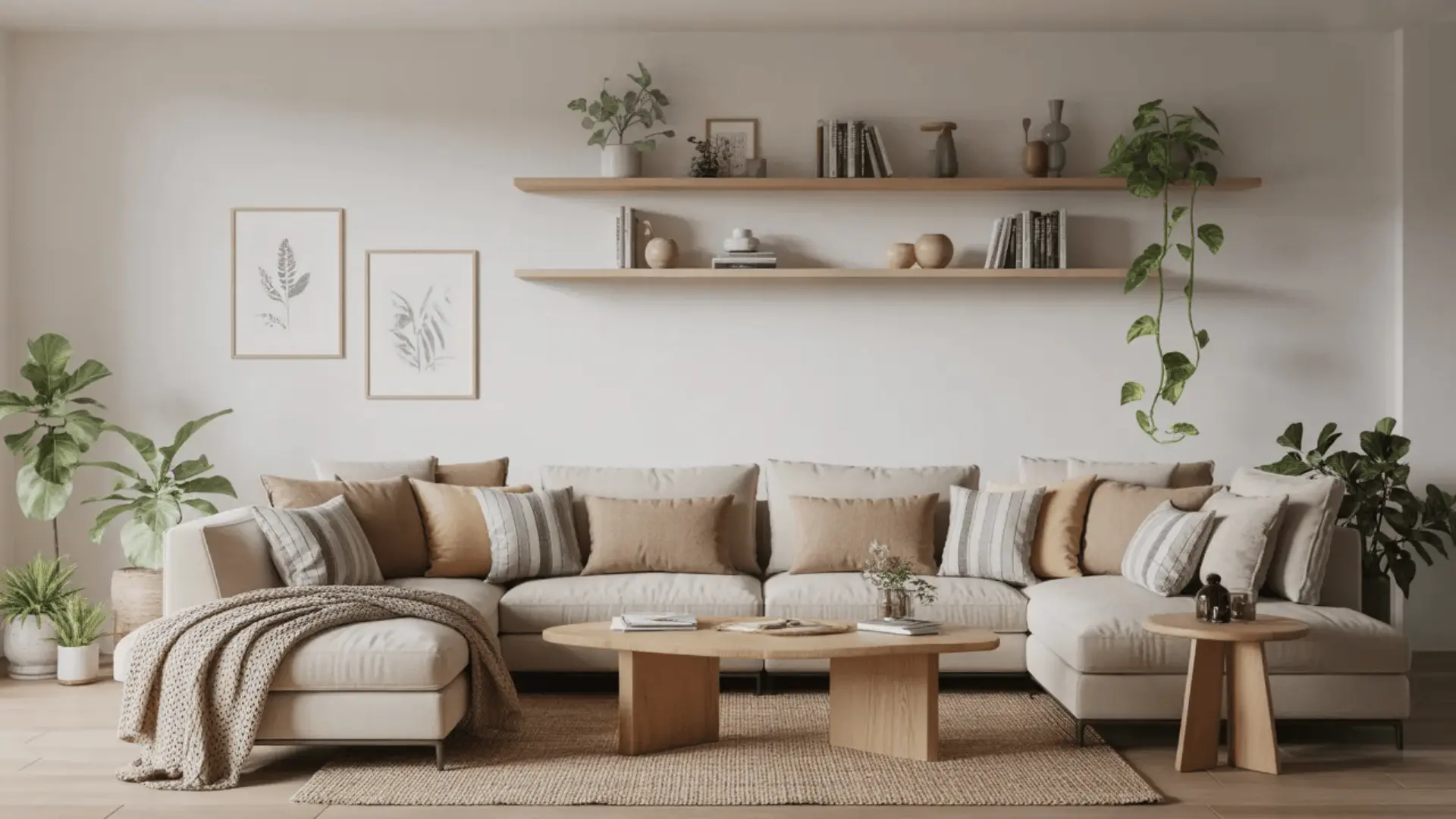 Living room with a neutral sofa, wood furniture, rug, plants, shelves, and wall art