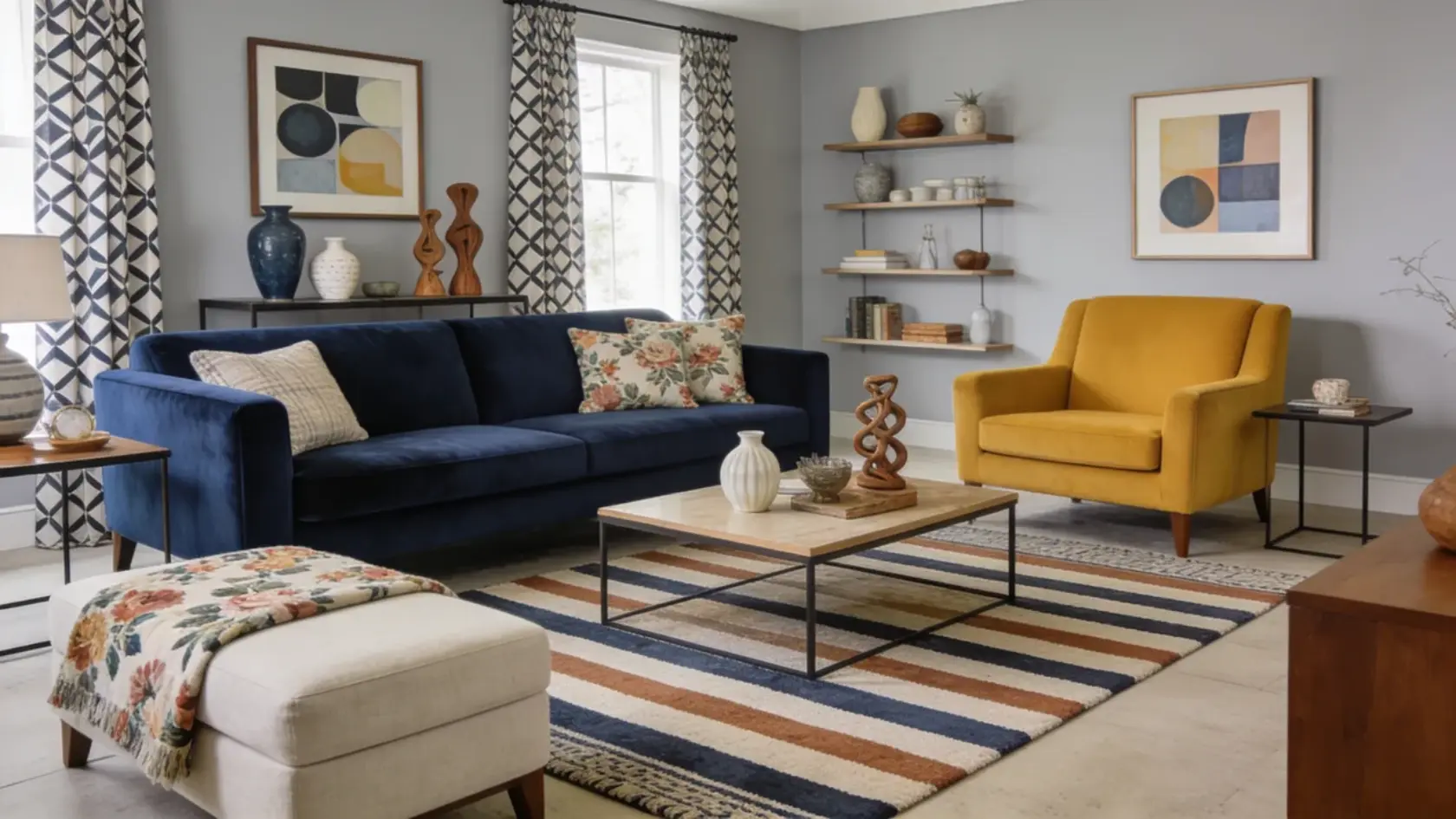 Living room with bold colors, layered patterns, and curated decor arranged in a balanced layout