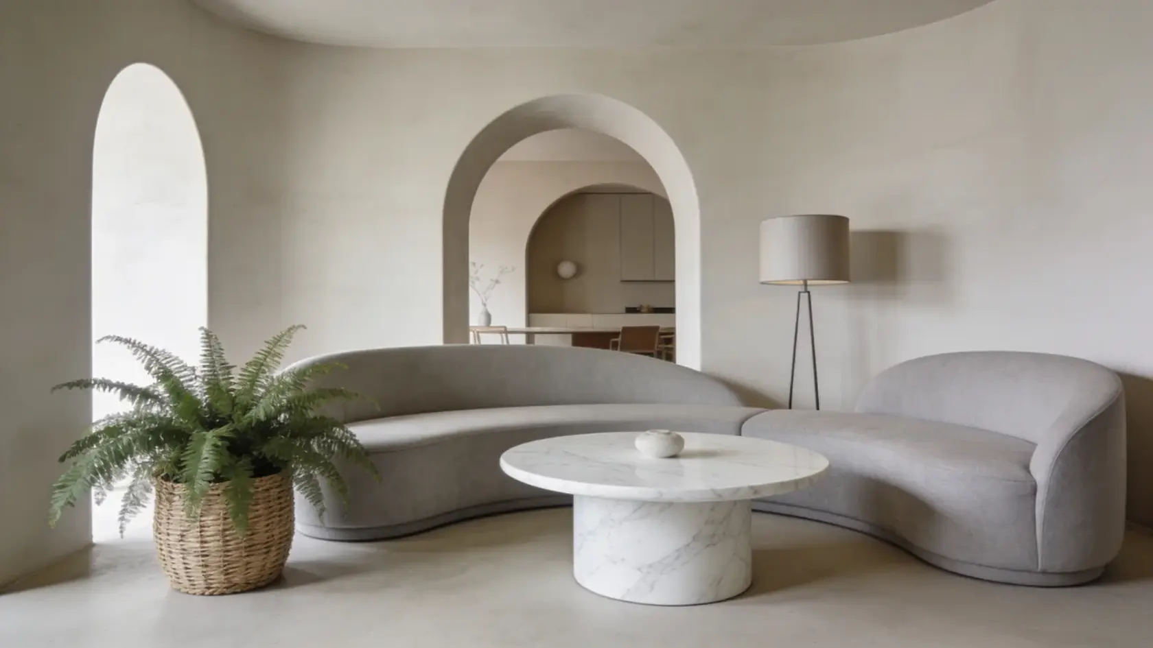 Living room with curved sofa, rounded table, and arched doorway showing soft sculptural shapes