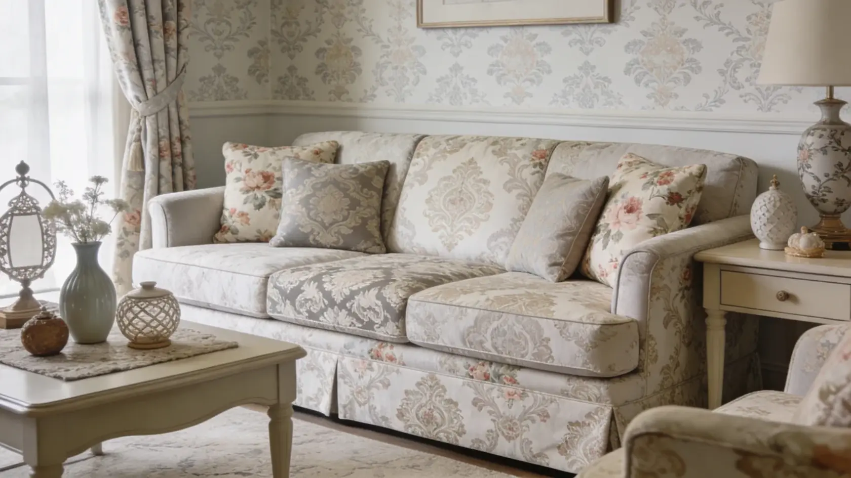 Living room with floral patterns, layered fabrics, and decorative items arranged across a wide seating area