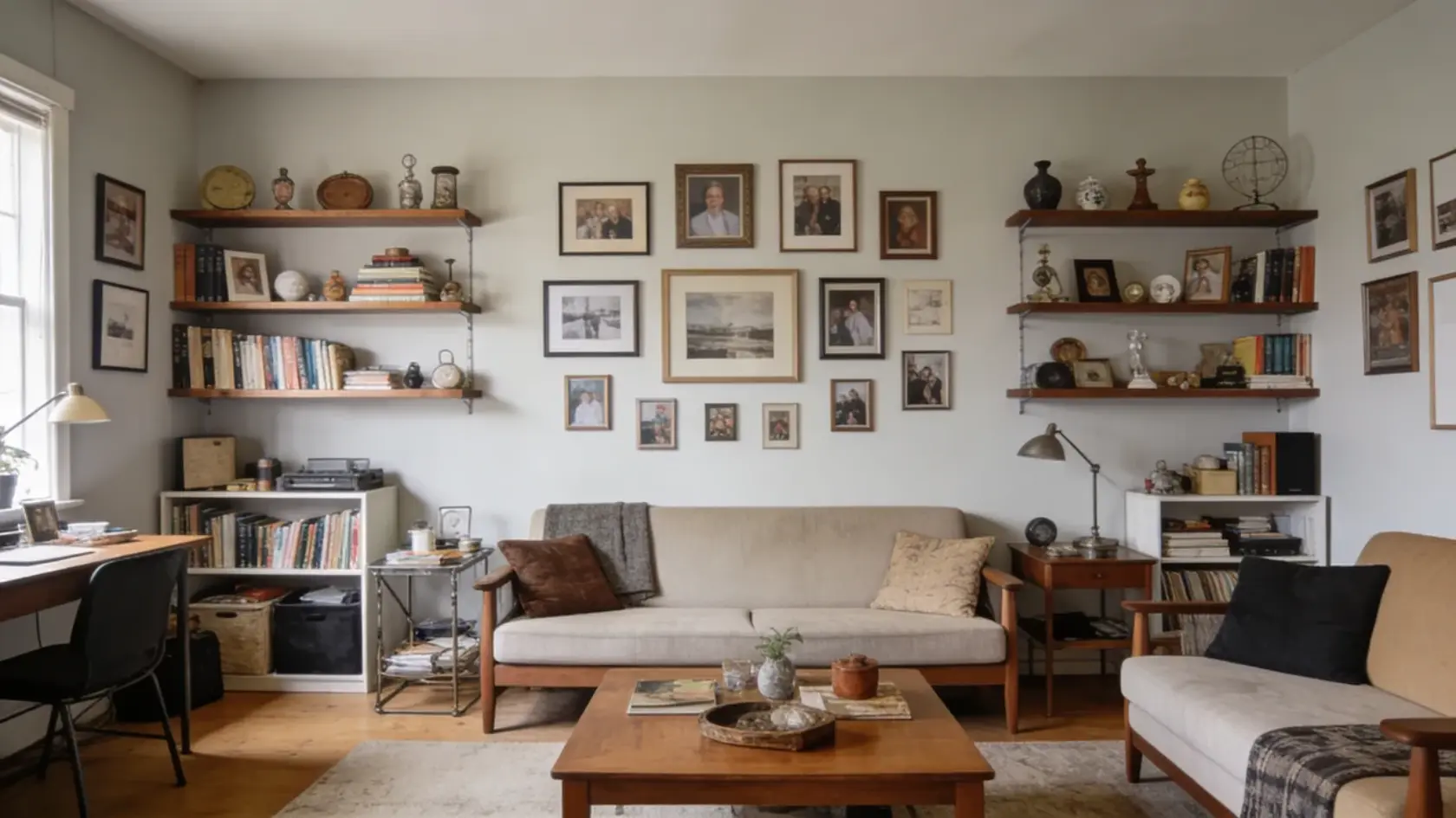 Living room with mixed decor items, books, and framed pieces arranged across shelves and tables