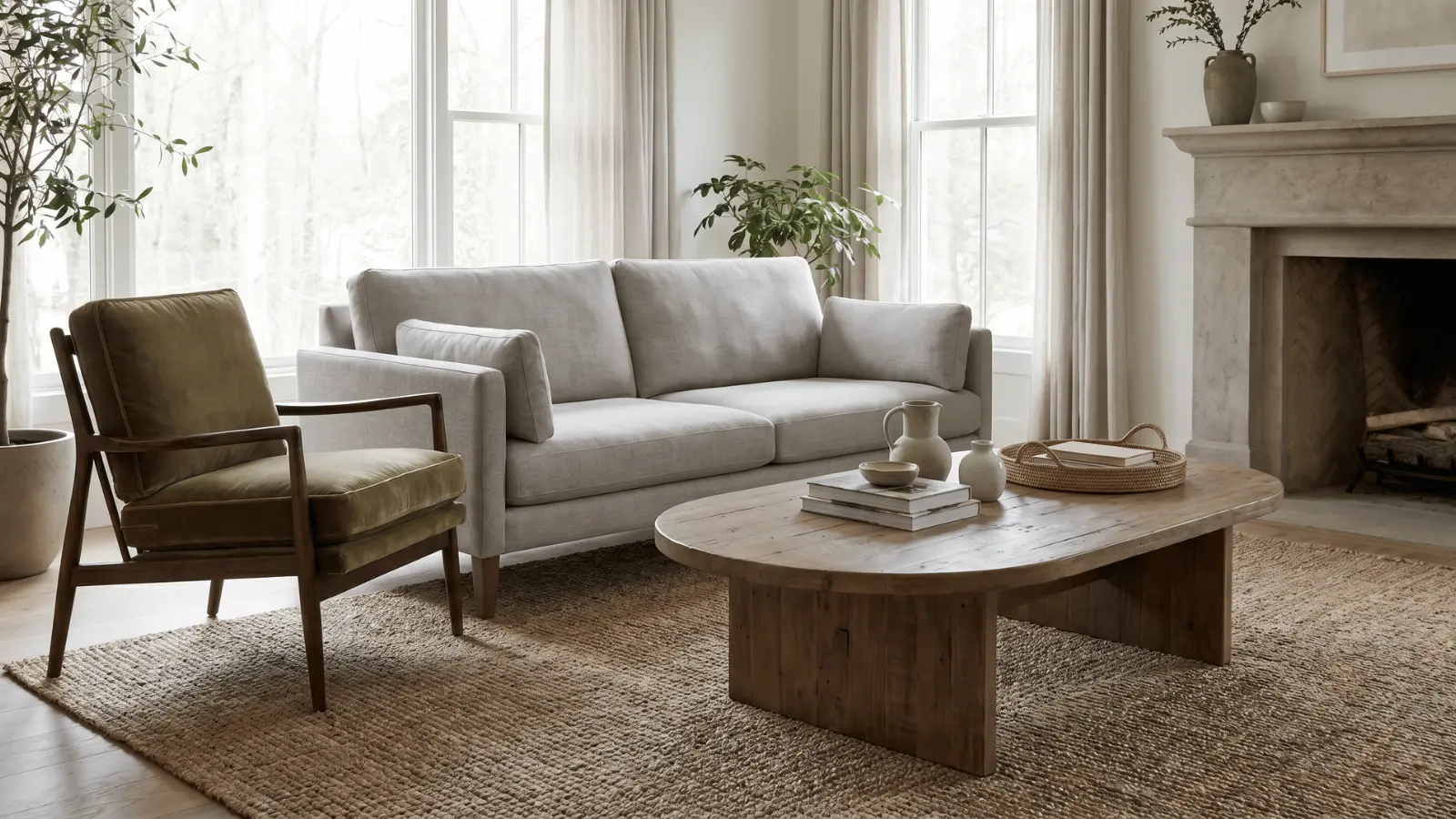 Living room with modern sofa, vintage chair, and wood table arranged in balanced layout