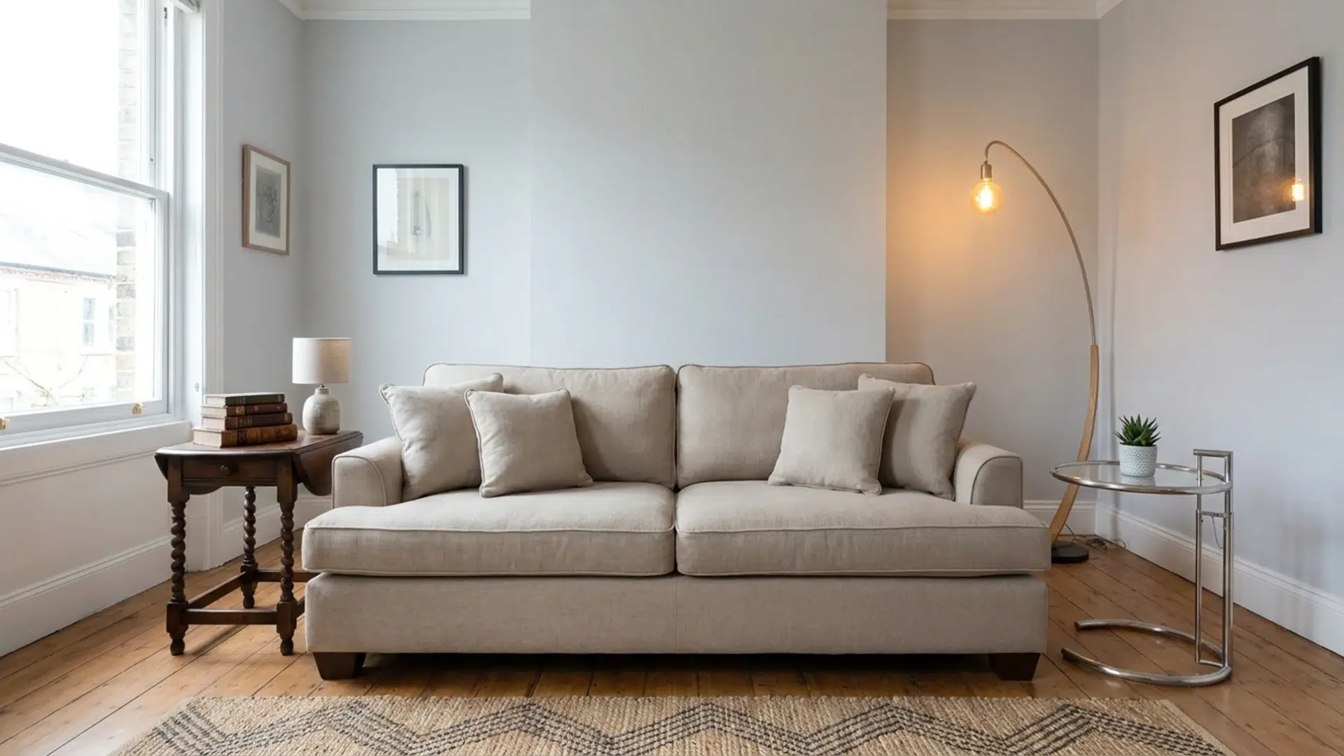 Living room with neutral sofa, two different side tables, and a floor lamp