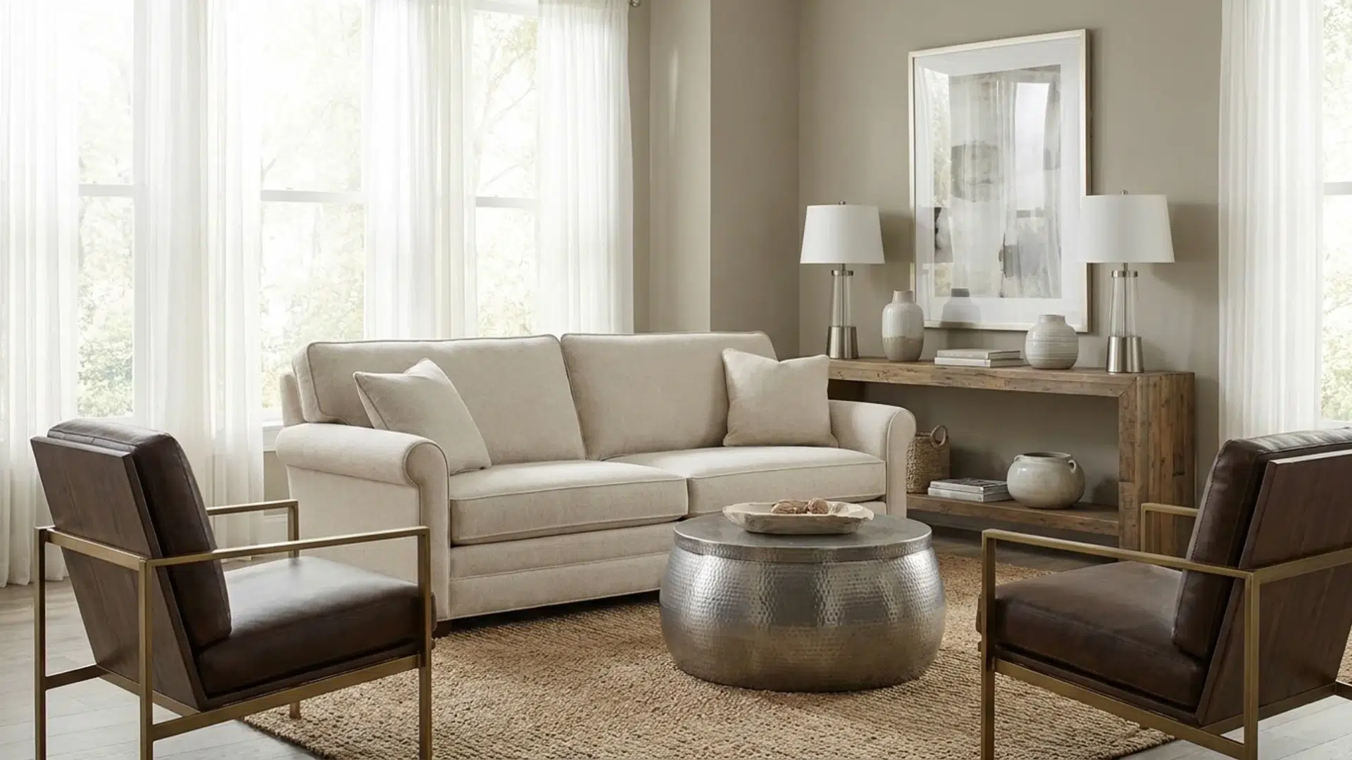 Living room with neutral tones, mixed furniture styles, and wood and metal materials