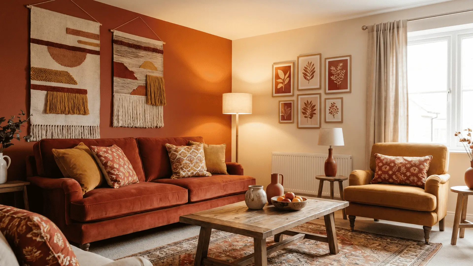 Living room with red, orange, and yellow tones on furniture, cushions, and walls