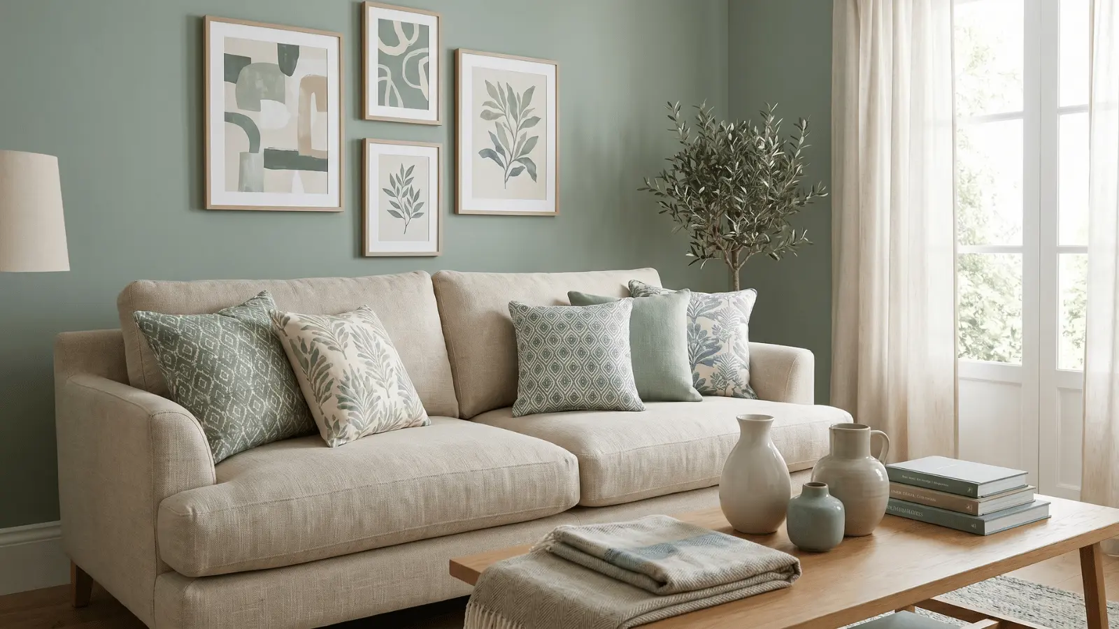 Living room with repeated colors across cushions, wall art, and decor items