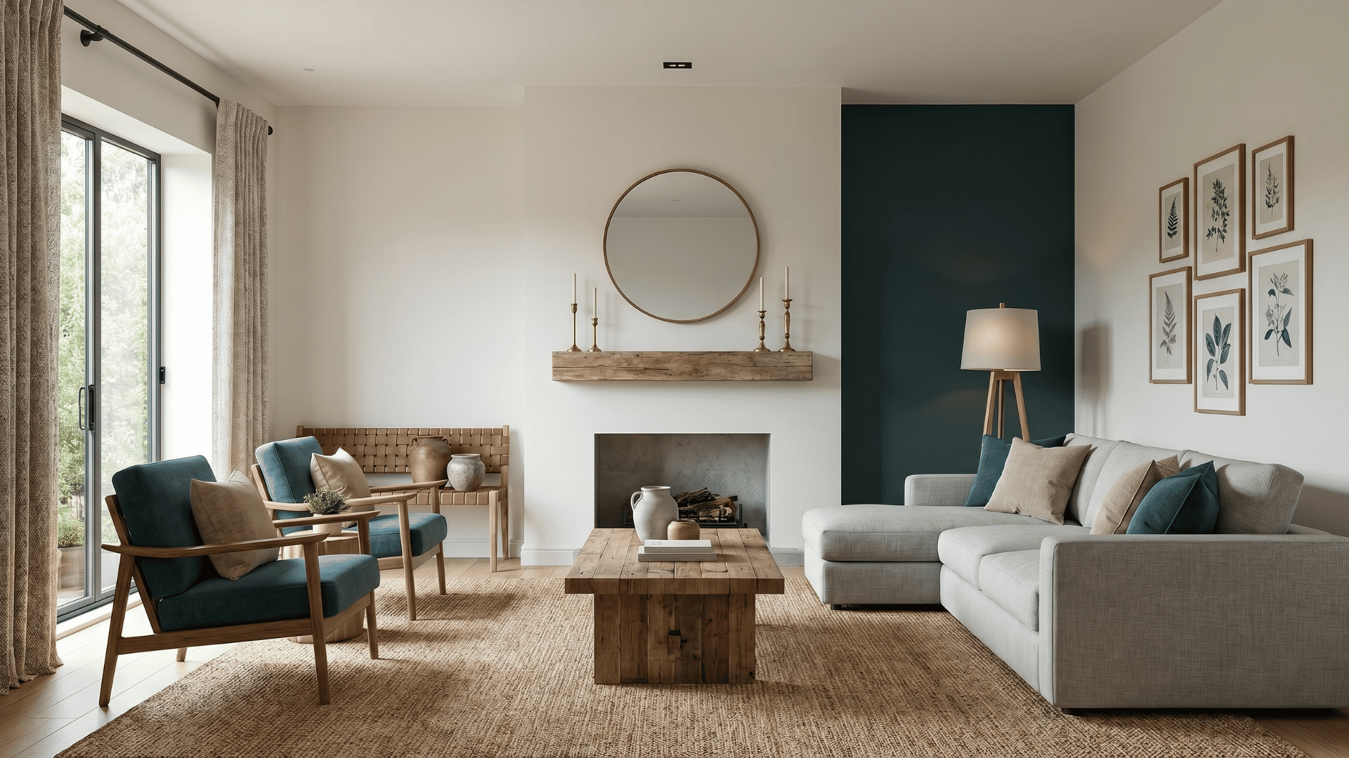 Living room with White Flour walls, deep blue accent wall, gray sofa, teal chairs, wooden coffee table, and natural décor.